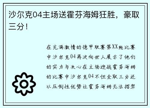 沙尔克04主场送霍芬海姆狂胜，豪取三分！